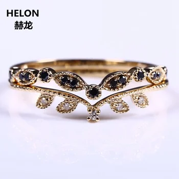 Твърдо жълто злато 14 К, естествени диаманти, син сапфир, годежен пръстен, годежен пръстен на годишнина от сватбата, лист Millgrain, романтичен изискан
