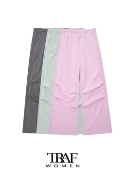 ТРАФИКА на Дамски модни странични джобове Нагънат найлонови панталони Реколта дамски панталони с висока еластична талия с цип Mujer