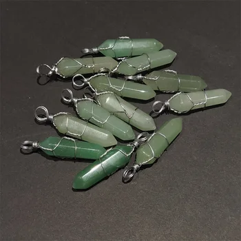 Търговия на едро с 20 бр. /лот, естествен камък, зелен авантюрин, кристал във формата на стълб, висулки от желязна тел за ръчно изработени бижута